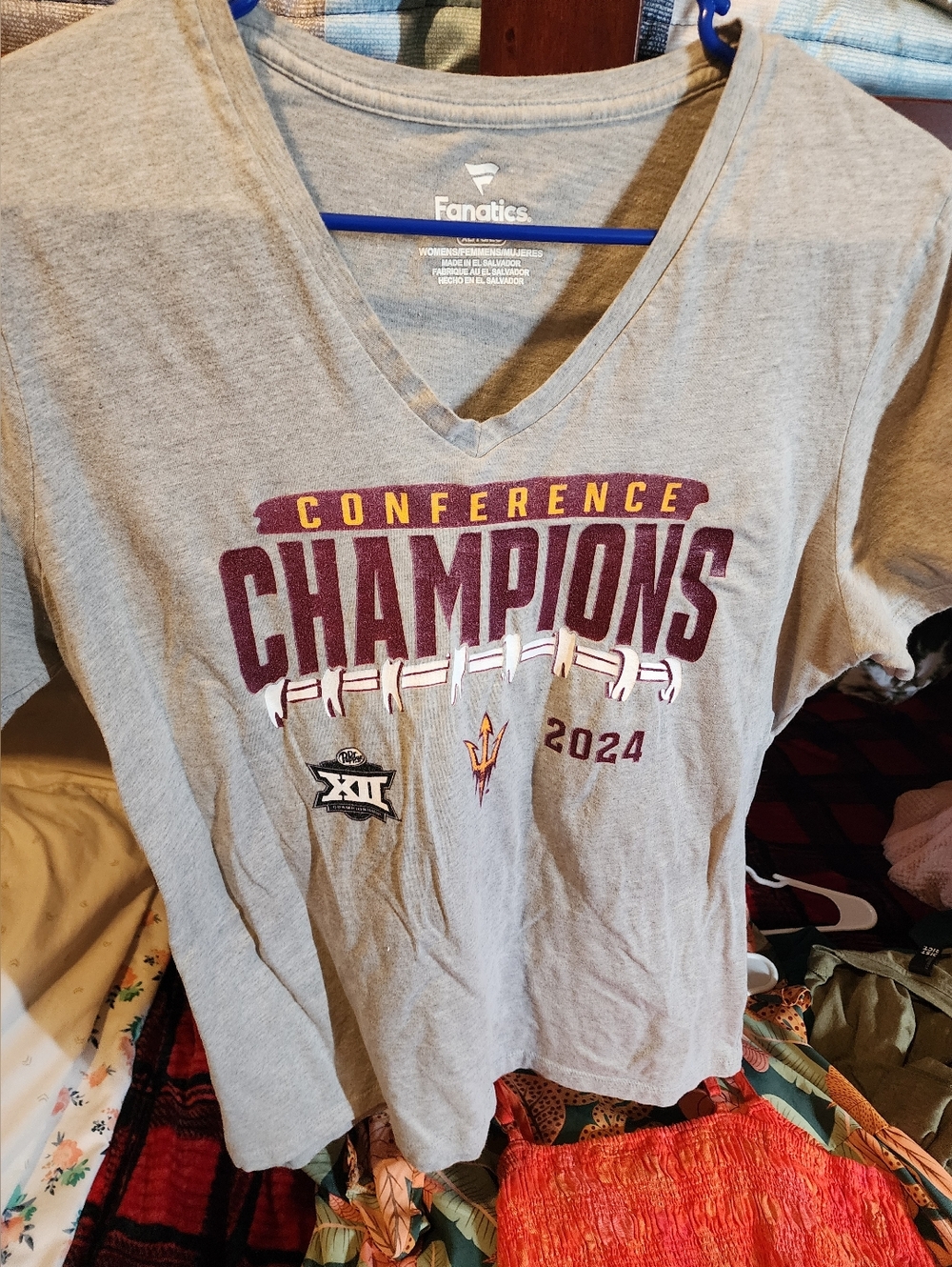Fanatics Gray V-Neck Conference Champions 2024 Tee with Maroon and Gold Print